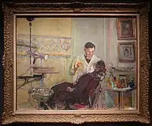 Oil painting of a dentist in a white coat with a beard, in his office, examining a female patient. Two framed paintings are on the wall behind him.