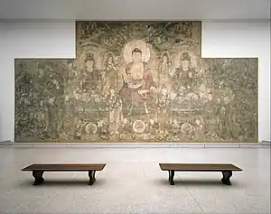 Pure Land of Bhaisajyaguru (Yaoshi fo). This dry fresco was originally housed in Guangsheng Temple. Currently in Metropolitan Museum of Art, New York, United States