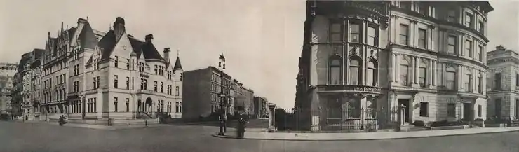 Panoramic image of the intersection of Fifth Avenue and 79th Street. The Sinclair House is just to the right of the center of the photograph.