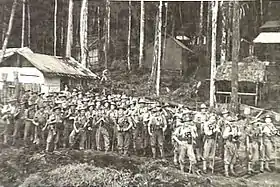 A group of soldiers in tropical uniforms stand in a jungle setting