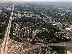 Aerial view of SR 28 (bottom), I-66 (left) and US 29 (right) in Centreville