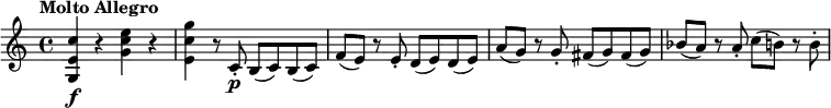 \relative c'' {
\key c \major
\tempo "Molto Allegro"
<c e, g,>\f r <e c g> r <g c, e,> r8 c,,-.\p b (c) b (c) f (e) r e-. d (e) d (e) a (g) r g-. fis (g) fis (g) bes (a) r a-. c (b) r b-.
}