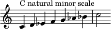 {
\override Score.TimeSignature #'stencil = ##f
\relative c' {
\clef treble \time 7/4
c4^\markup { C natural minor scale } d es f g aes bes c2
}
}