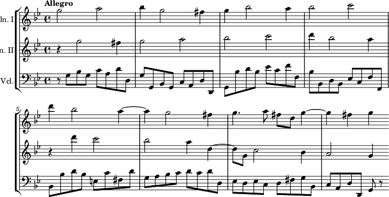 {
<< \new StaffGroup <<
\new Staff <<
\tempo Allegro
\set Staff.instrumentName = #"Vln. I"
\relative c''' {
\clef treble \key g \minor \time 4/4
g2 a
bes4 g2 fis4
g4 bes2 a4
bes2 c
d4 bes2 a4~
a g2 fis4
g4. a8 fis d g4~
g fis g
}
>>
\new Staff <<
\set Staff.instrumentName = #"Vln. II"
\relative c''' {
\clef treble \key g \minor \time 4/4
r4 g2 fis4
g2 a
bes c
d4 bes2 a4
r d c2
bes2 a4 d,~
d8 g, c2 bes4
a2 g4
}
>>
\new Staff <<
\relative c' {
\set Staff.instrumentName = #"Vcl."
\clef bass \key g \minor \time 4/4
r8 g bes g c a d d,
g g, bes g c a d d,
g bes' d bes es c f f,
bes bes, d bes es c f f,
bes bes' d bes e, c' fis, d'
g, a bes c d c d d,
es d es c d fis g bes,
c a d d, g r
}
>>
>>
>> }