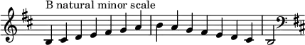 {
\omit Score.TimeSignature \relative c' {
\key b \minor \time 7/4 b^"B natural minor scale" cis d e fis g a b a g fis e d cis b2
\clef F \key b \minor
} }