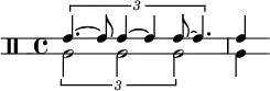 << \relative c' {
\override Staff.StaffSymbol.line-positions = #'(-2 2)
\clef percussion
\time 4/4
\tuplet 3/2 { e4.~ e8 e4~ e e8~ e4. } e4
} \\ \relative c' {
\tuplet 3/2 { a2 a a } a4
}
>>