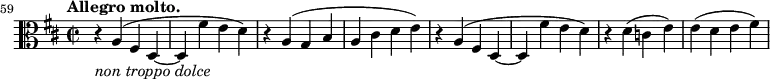 \relative c' {
\key d \major \time 2/2 \tempo "Allegro molto." \clef C
\set Staff.midiInstrument = "violin"
\set Score.tempoHideNote = ##t \tempo 1 = 88
\set Score.currentBarNumber = #59 \bar ""
r4_\markup{ \italic { non troppo dolce } } a( fis d~ d fis' e d) r a( g b a cis d e)
r a,( fis d~ d fis' e d) r d( c e) e( d e fis) }