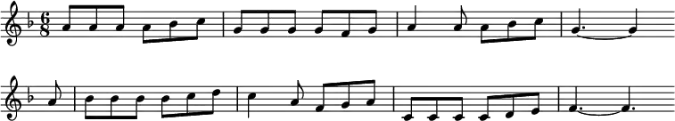 \new Staff <<
\clef treble \key f \major {
\time 6/8 \partial 2.
\relative a' {
a8 a a a bes c | g8 g g g f g | a4 a8 a bes c | g4.~ g4 \bar"" \break
a8 | bes8 bes bes bes c d | c4 a8 f g a | c,8 c c c d e | f4.~ f4. \bar"" \break
}
}
%\new Lyrics \lyricmode {
%}
>>
\layout { indent = #0 }
\midi { \tempo 4. = 56 }