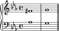 {
\new PianoStaff <<
\new Staff <<
\relative c' {
\clef treble \key c \minor \time 4/4
fis1 g
}
>>
\new Staff <<
\relative c' {
\clef bass \key c \minor \time 4/4
aes1 g \bar "||"
}
>>
>> }