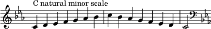 {
\omit Score.TimeSignature\relative c' {
\key c \minor \time 7/4 c^"C natural minor scale" d es f g aes bes c bes aes g f es d c2
\clef F \key c \minor
} }