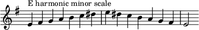 {
\omit Score.TimeSignature \relative c' {
\key e \minor \time 7/4 e^"E harmonic minor scale" fis g a b c dis e dis c b a g fis e2
} }