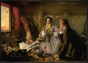 Painting shows a first class railway carriage. A young man and young woman talk as an older man sleeps.