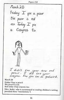 Mrs. Sedei writing with Catalina, a first grade student from Colombia, learning English