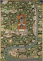 Unusual pichhwai showing the Vraj Parikrama, a circular pilgrimage route around the locations of Krishna's life, 65¾ x 47 in. (168 x 120&nbsp;cm.), 19th century.