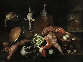 Carved meat, eggs, and utensils.Kitchen Still Life by Alejandro de Loarte; c. 1626, 82 × 108&nbsp;cm, private collection.