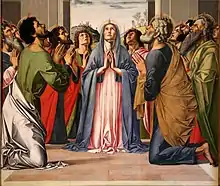 painting of kneeling figures being touched by flames