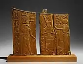 Arm panel from a ceremonial chair of Thutmose IV; 1400–1390&nbsp;BC; wood (ficus sycomorus?); height: 25.1&nbsp;cm; Metropolitan Museum of Art (New York City)