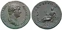 Hadrian coin celebrating Aegyptus Province, struck c. 135. In the obverse, Egypt is personified as a reclining woman holding the sistrum of Hathor. Her left elbow rests on a basket of grain, while an ibis stands on the column at her feet.