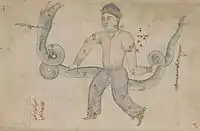Ophiuchus in a manuscript copy of Azophi's Uranometry, 18th&nbsp;century copy of a manuscript prepared for Ulugh Beg in 1417 (note that as in all pre-modern star charts, the constellation is mirrored, with Serpens Caput on the left and Serpens Cauda on the right).