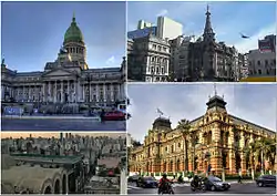 Clockwise from top: the Argentine National Congress Palace, Confitería del Molino, the Abasto Shopping and Palacio de Aguas Corrientes.
