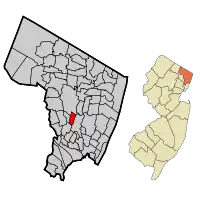 Location of Maywood in Bergen County highlighted in red (left). Inset map: Location of Bergen County in New Jersey highlighted in orange (right).
