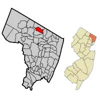 Location of Park Ridge in Bergen County highlighted in red (left). Inset map: Location of Bergen County in New Jersey highlighted in orange (right).