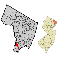 Location of Rutherford in Bergen County highlighted in red (left). Inset map: Location of Bergen County in New Jersey highlighted in orange (right).