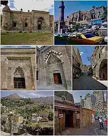 From top left: Ihasiye Serafhan Medrese • Bitlis Castle Tourist office • Şerefiye Mosque • Sokak Han Bitlis skyline • Pasha Hammam