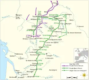 a map showing the route of the Black Prince's division during the campaign and dates of visits to various places, and similar for King John&nbsp;II's army