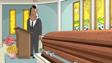 The animated TV character BoJack Horseman (voiced by Will Arnett) stands behind a podium at a funeral parlor, looking at a closed casket.