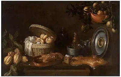 Baked food, metallic kitchenware, and fruits on branches.Still Life by Tomás Yepes; 1668, 102 × 157&nbsp;cm, Prado Museum.
