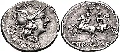 Denarius of Gaius Servilius, 136 BC. Roma is depicted on the obverse with a wreath behind, while the reverse shows Pulex Geminus facing a foe, under the traits of the Dioscuri.