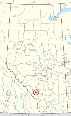 A map of the province of Alberta showing 80 counties and 145 small Indian reserves. One is highlighted with a red circle.