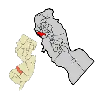 Location of Bellmawr in Camden County highlighted in red (right). Inset map: Location of Camden County in New Jersey highlighted in orange (left).