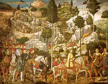 Noble procession in a wooded, mountainous area