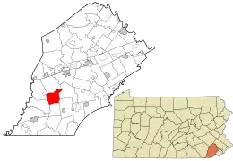 Location of Londonderry Township in Chester County, Pennsylvania (left) and of Chester County in Pennsylvania (right)