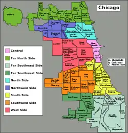 a colored map showing the 77 Chicago community areas broken into 9 regions