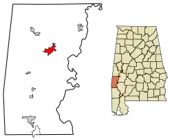 Location of Butler in Choctaw County, Alabama.