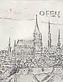 Church of Mary Magdalene in 1598, by Peter Zimmermann. The church is among the Turkish minarets, the church presents a clock in its tower. During the Turkish invasion in Hungary.