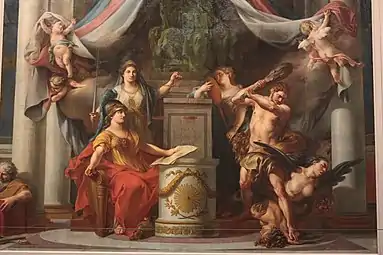 Minerva gives to Hercules the decree which abolished the vices of the former government