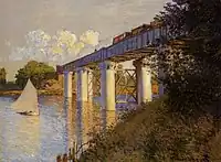 Claude Monet, 1873, The train bridge in Argenteuil (Le Pont du chemin de fer à Argenteuil), oil on canvas, 54.3 × 73.3&nbsp;cm (21.4 × 28.9 in), Philadelphia Museum of Art