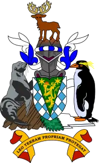 The arms of South Georgia and the South Sandwich Islands feature a fur seal and macaroni penguin as supporters.