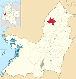 Location of the municipality and town of El Dovio in the Valle del Cauca Department of Colombia.