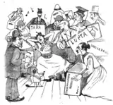 Another cross-dressing drawing by Jiquidi (1893). Pictured with rival journalists Alexandru Beldiman and Grigore Ventura, vying for the public's attention