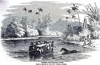 Crossing the Moodoor River, From a sketch by the Rev. Thomas Hodson (March 1851, VIII, p.&nbsp;26)