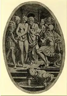 Soldiers bringing Timoclea, naked, before Alexander the Great, enthroned in the foreground; c.1541/45.  After Primaticcio, height 341&nbsp;mm  (trimmed), width: 231&nbsp;mm. Signed "Bologna L.D."