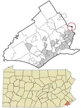 The location of Millbourne in Delaware County, Pennsylvania (top) and within Pennsylvania (bottom)