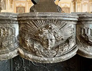 Rococo Revival mascaron on a fireplace in the Musée Jacquemart-André, Paris, probably designed by Édouard André, c.1869-1875