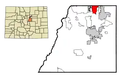 Location of the Meridian CDP in Douglas County, Colorado.