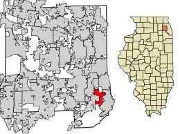 Location of Willowbrook in DuPage County, Illinois.